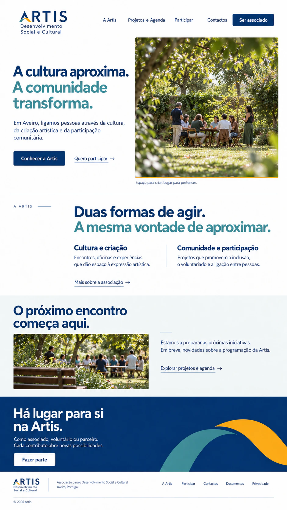 Maqueta da homepage da Artis, com imagens ilustrativas
